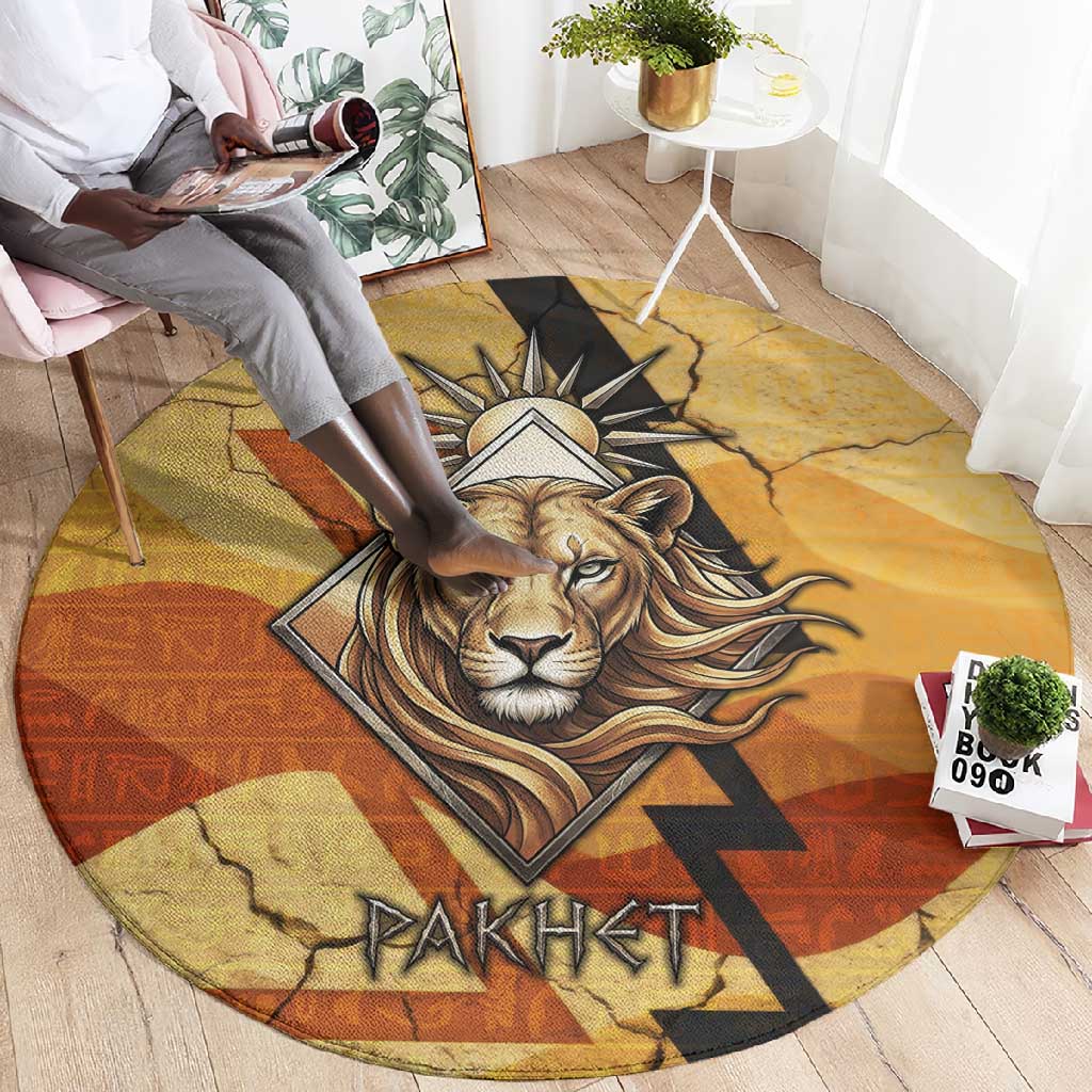 Pakhet Lion Head Round Carpet with Claw Marks in Fiery Ancient Egyptian Motif