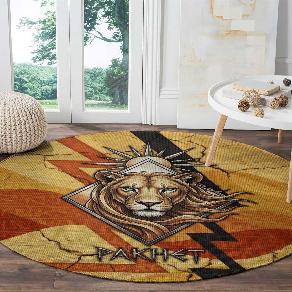 Pakhet Lion Head Round Carpet with Claw Marks in Fiery Ancient Egyptian Motif