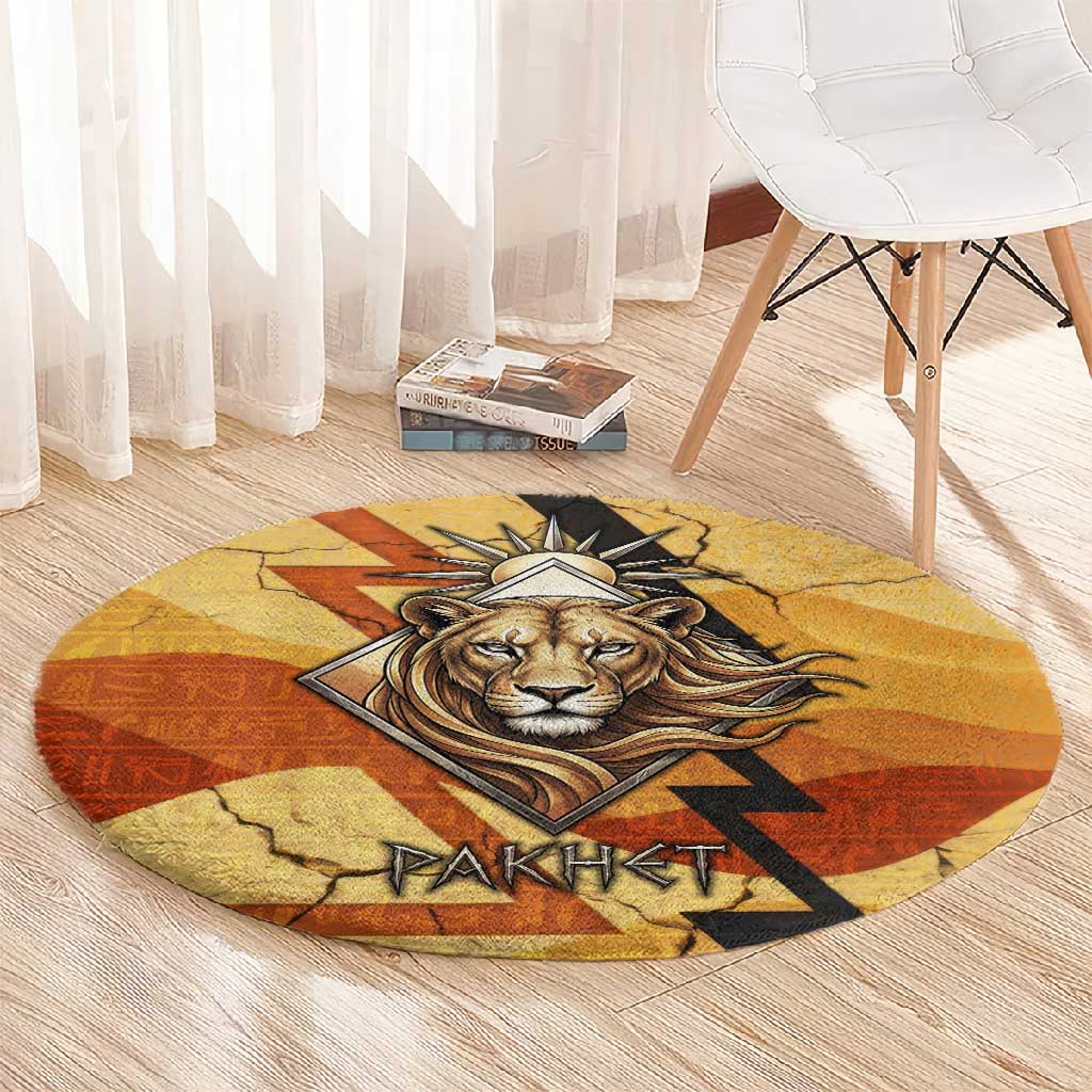 Pakhet Lion Head Round Carpet with Claw Marks in Fiery Ancient Egyptian Motif