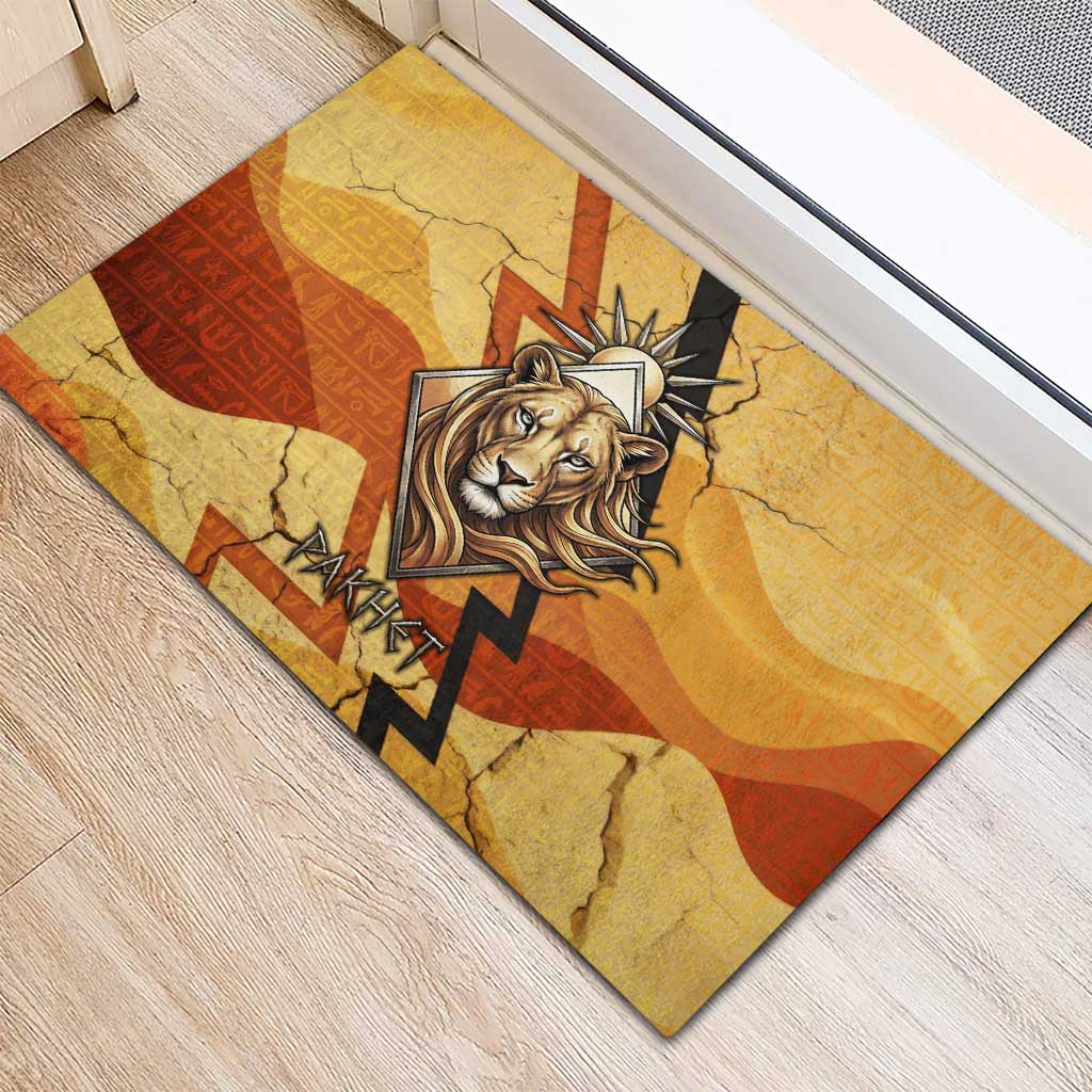 Pakhet Lion Head Rubber Doormat with Claw Marks in Fiery Ancient Egyptian Motif