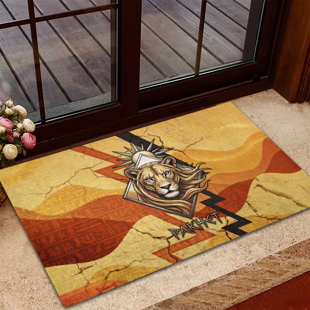 Pakhet Lion Head Rubber Doormat with Claw Marks in Fiery Ancient Egyptian Motif