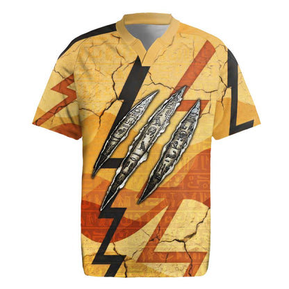 Pakhet Lion Head Rugby Jersey with Claw Marks in Fiery Ancient Egyptian Motif