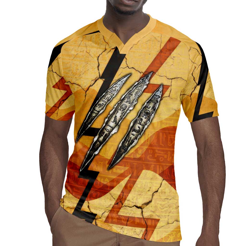 Pakhet Lion Head Rugby Jersey with Claw Marks in Fiery Ancient Egyptian Motif