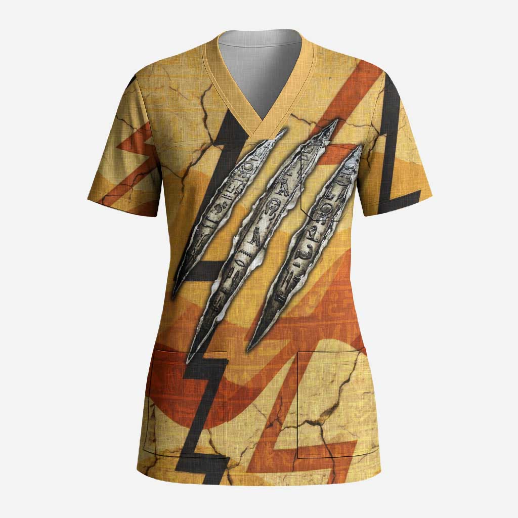 Pakhet Lion Head Scrub Top with Claw Marks in Fiery Ancient Egyptian Motif
