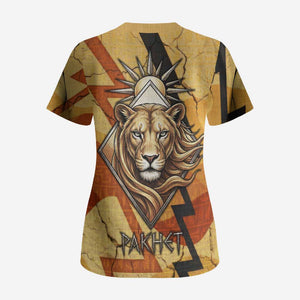 Pakhet Lion Head Scrub Top with Claw Marks in Fiery Ancient Egyptian Motif