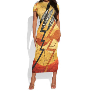 Pakhet Lion Head Short Sleeve Bodycon Dress with Claw Marks in Fiery Ancient Egyptian Motif