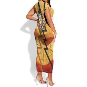 Pakhet Lion Head Short Sleeve Bodycon Dress with Claw Marks in Fiery Ancient Egyptian Motif