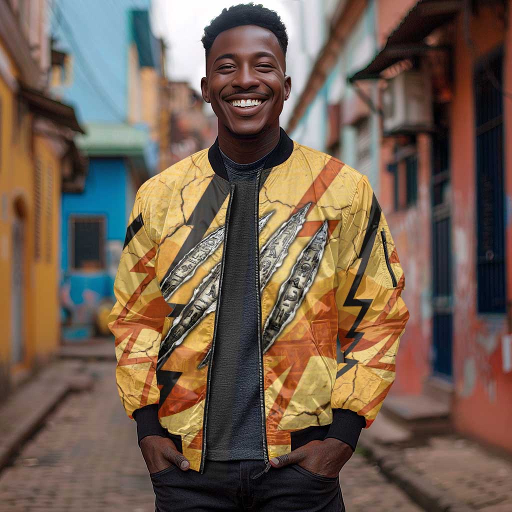 Pakhet Lion Head Sleeve Zip Bomber Jacket with Claw Marks in Fiery Ancient Egyptian Motif