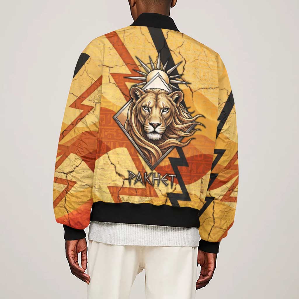 Pakhet Lion Head Sleeve Zip Bomber Jacket with Claw Marks in Fiery Ancient Egyptian Motif