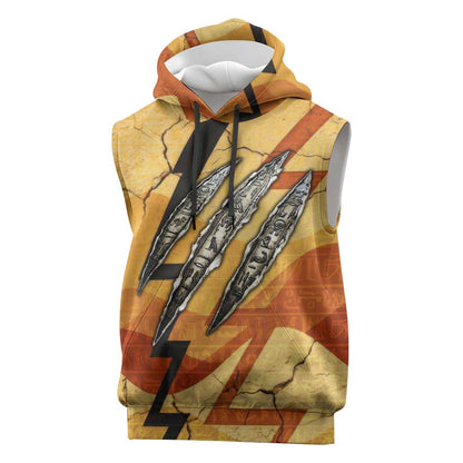 Pakhet Lion Head Sleeveless Hoodie with Claw Marks in Fiery Ancient Egyptian Motif