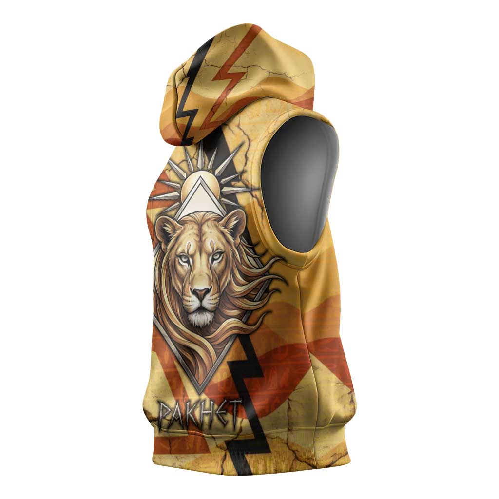 Pakhet Lion Head Sleeveless Hoodie with Claw Marks in Fiery Ancient Egyptian Motif