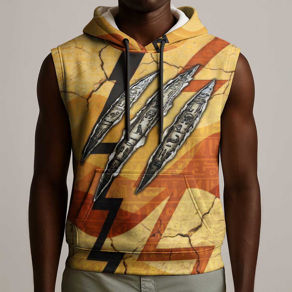 Pakhet Lion Head Sleeveless Hoodie with Claw Marks in Fiery Ancient Egyptian Motif
