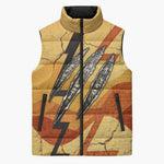 Pakhet Lion Head Sleeveless Puffer Jacket with Claw Marks in Fiery Ancient Egyptian Motif