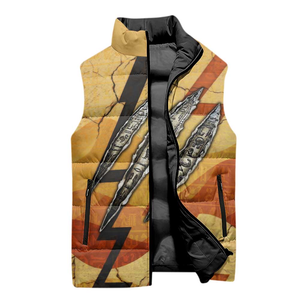 Pakhet Lion Head Sleeveless Puffer Jacket with Claw Marks in Fiery Ancient Egyptian Motif