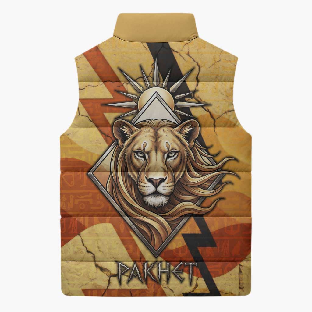 Pakhet Lion Head Sleeveless Puffer Jacket with Claw Marks in Fiery Ancient Egyptian Motif