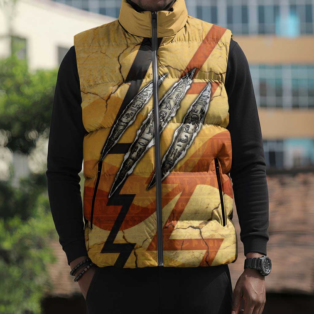 Pakhet Lion Head Sleeveless Puffer Jacket with Claw Marks in Fiery Ancient Egyptian Motif