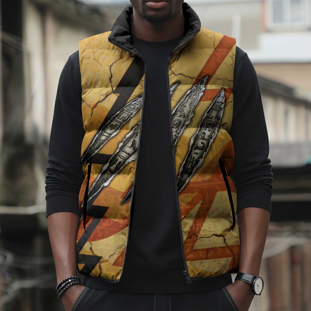 Pakhet Lion Head Sleeveless Puffer Jacket with Claw Marks in Fiery Ancient Egyptian Motif