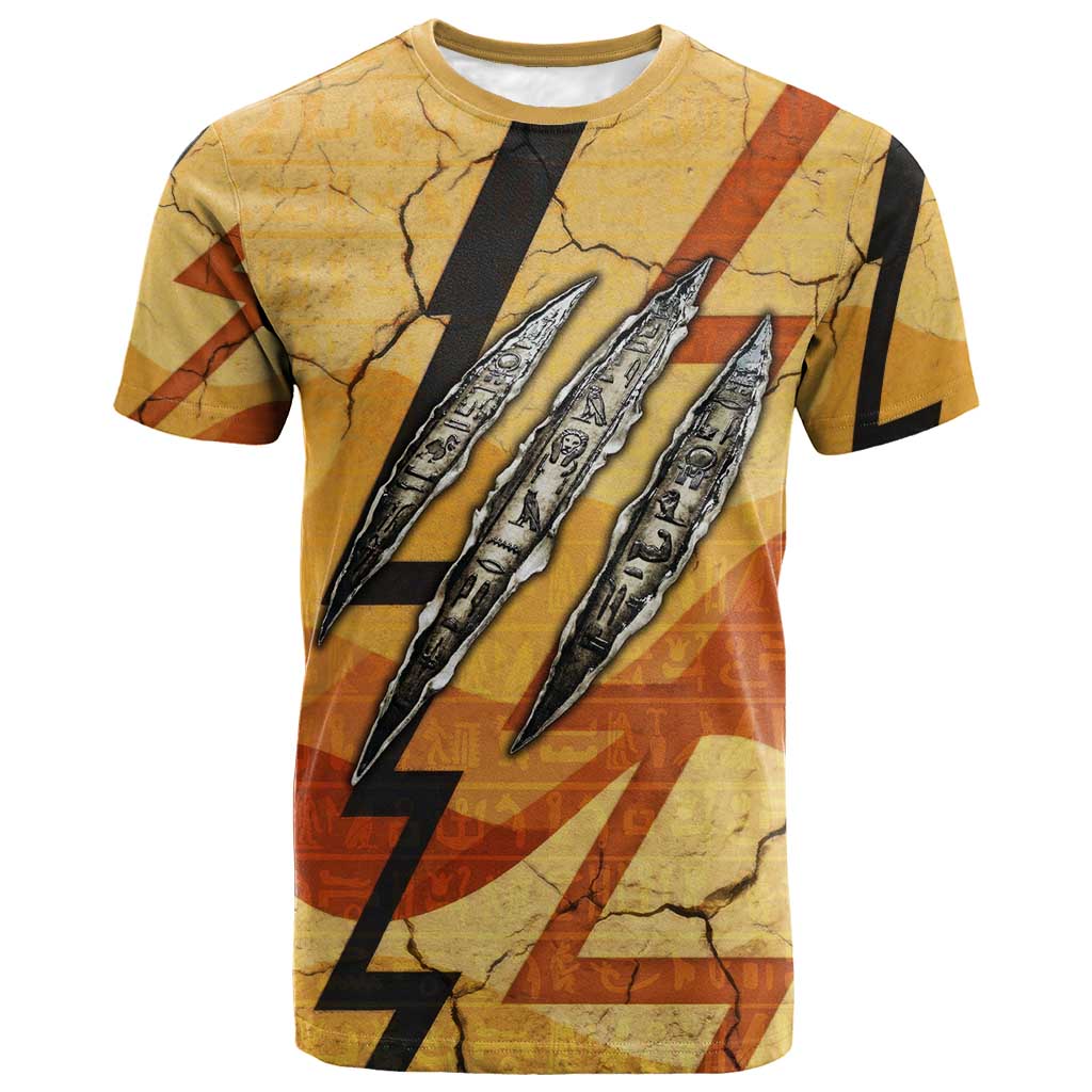 Pakhet Lion Head T shirt with Claw Marks in Fiery Ancient Egyptian Motif