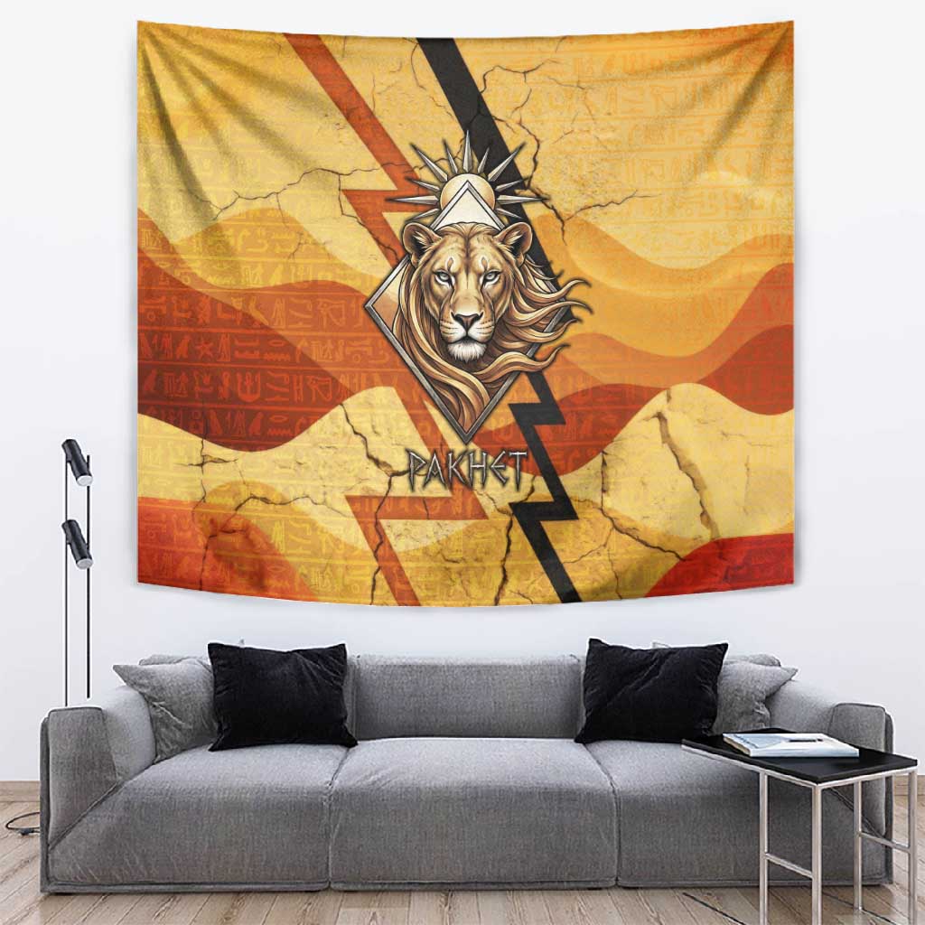 Pakhet Lion Head Tapestry with Claw Marks in Fiery Ancient Egyptian Motif