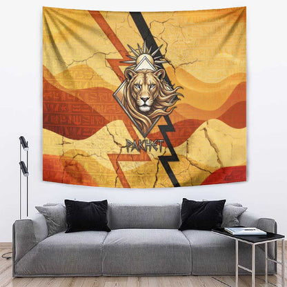 Pakhet Lion Head Tapestry with Claw Marks in Fiery Ancient Egyptian Motif
