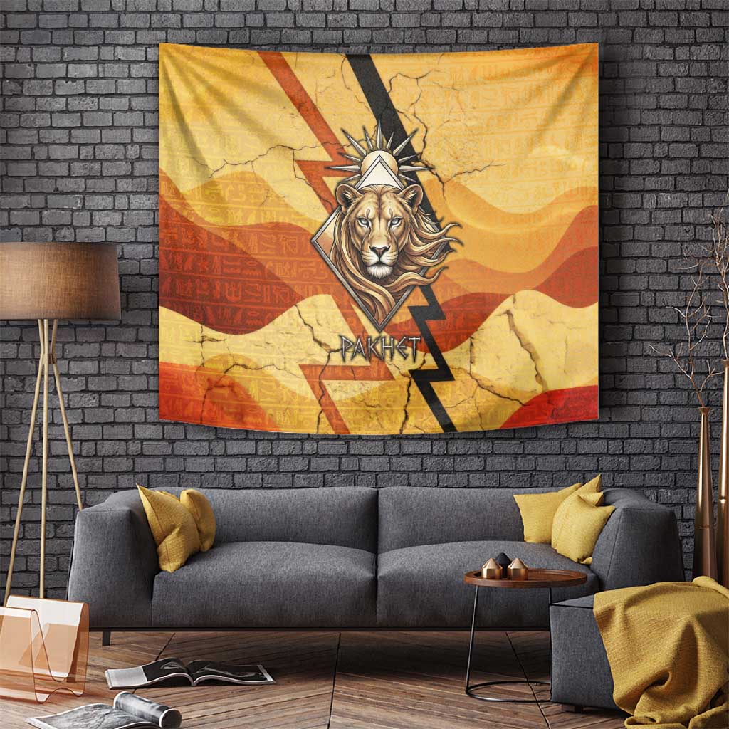 Pakhet Lion Head Tapestry with Claw Marks in Fiery Ancient Egyptian Motif
