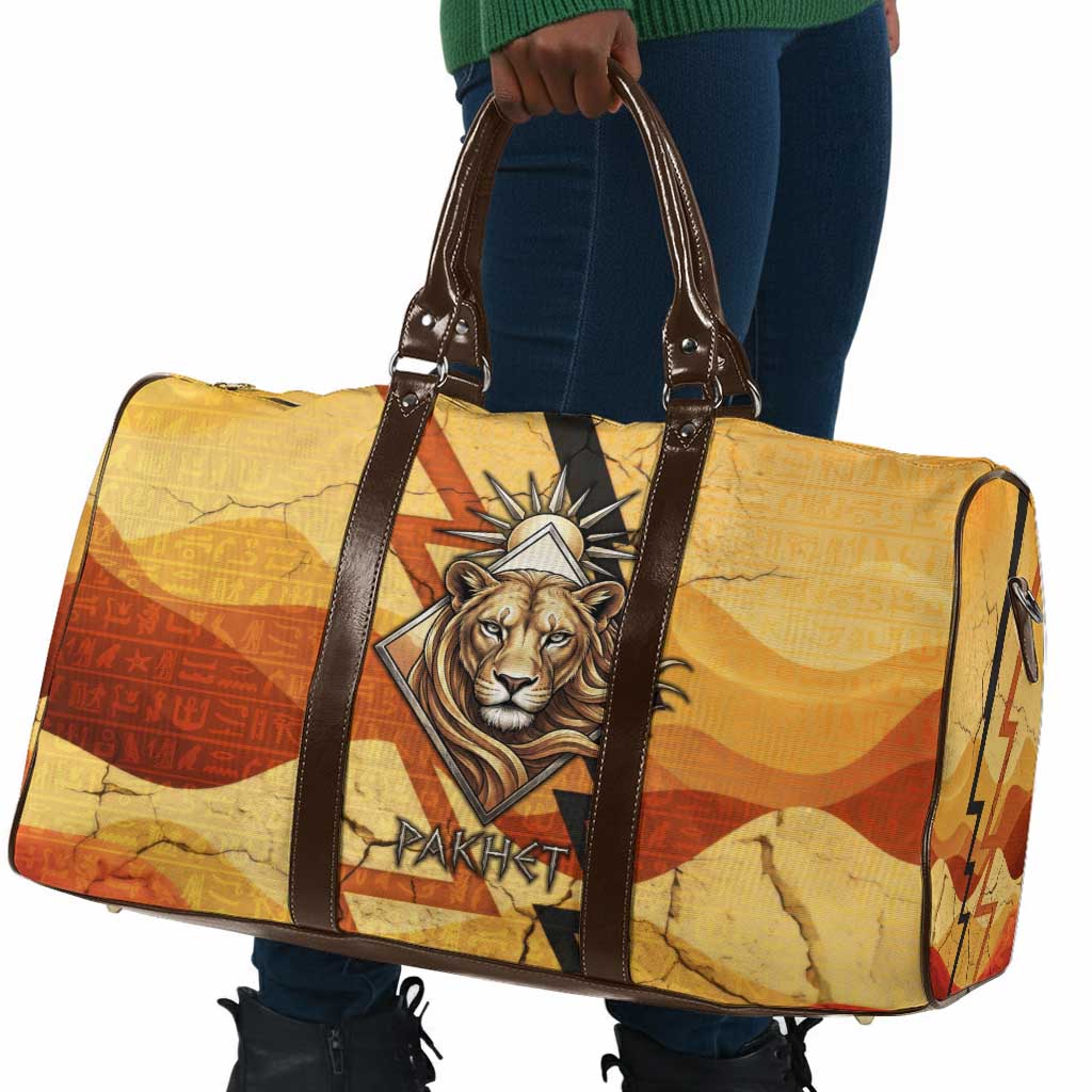 Pakhet Lion Head Travel Bag with Claw Marks in Fiery Ancient Egyptian Motif