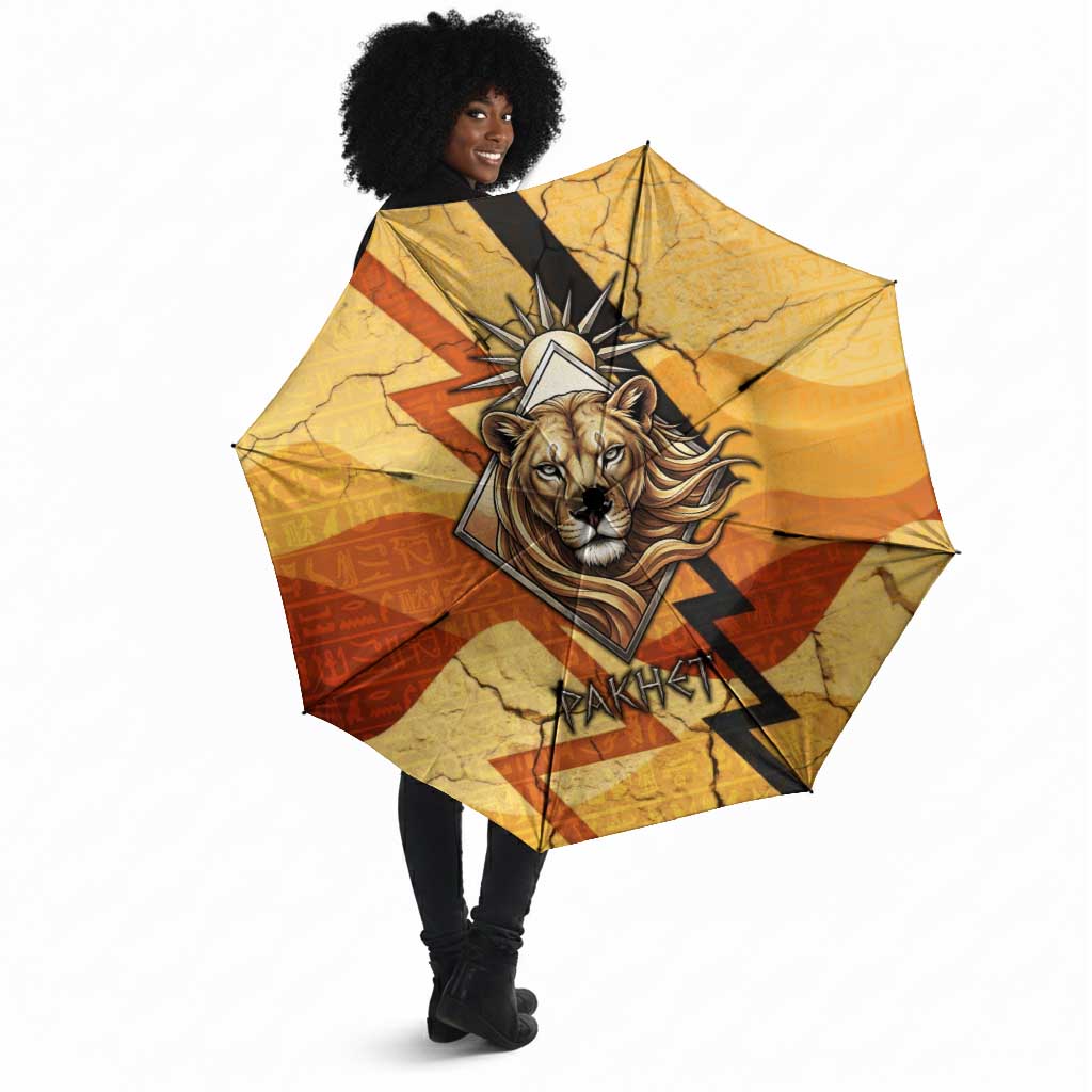 Pakhet Lion Head Umbrella with Claw Marks in Fiery Ancient Egyptian Motif
