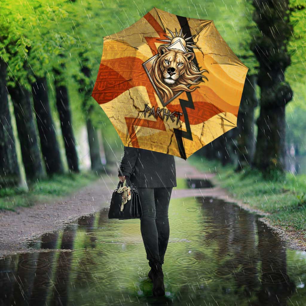 Pakhet Lion Head Umbrella with Claw Marks in Fiery Ancient Egyptian Motif