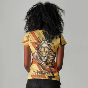 Pakhet Lion Head Women V-Neck T-Shirt with Claw Marks in Fiery Ancient Egyptian Motif