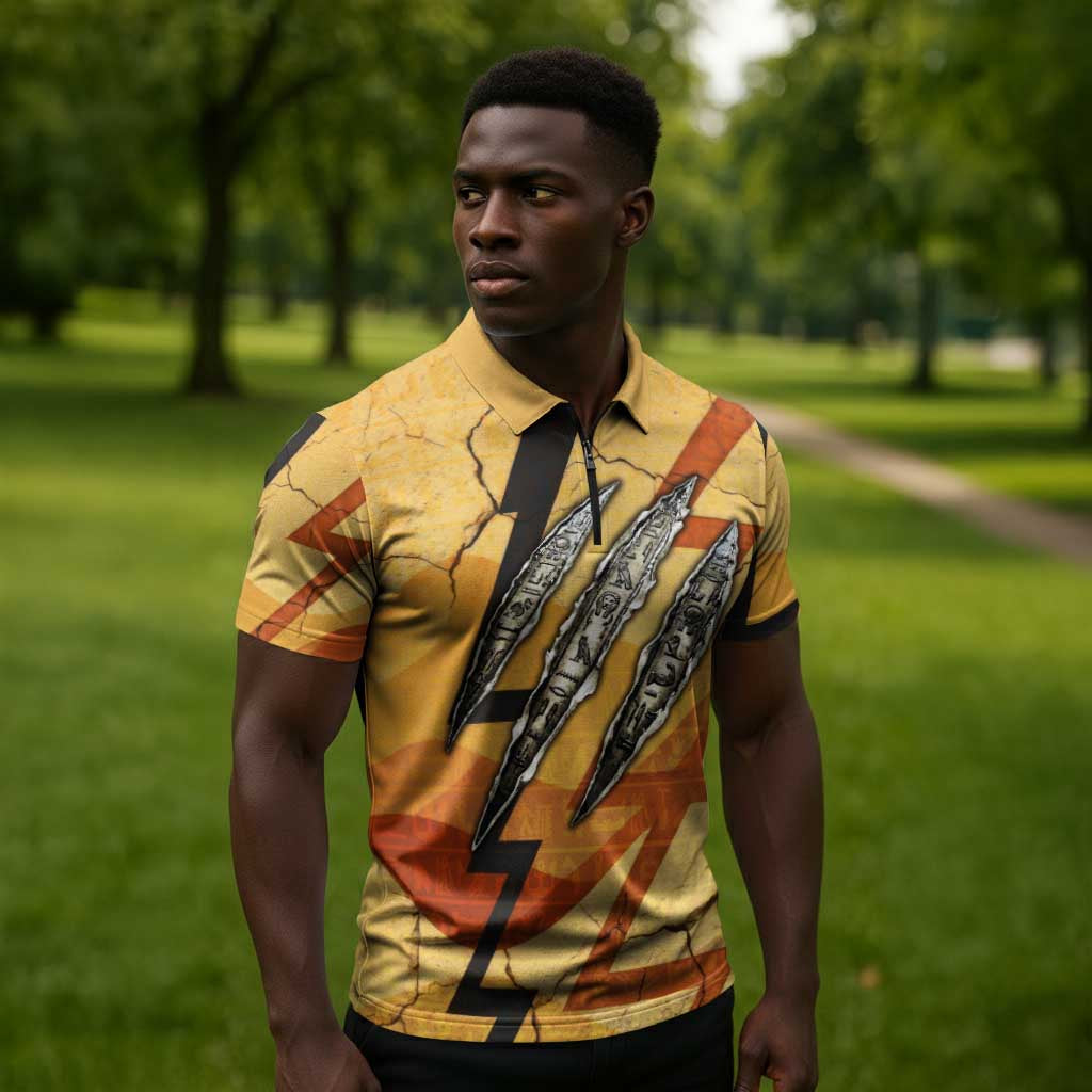 Pakhet Lion Head Zipper Polo Shirt with Claw Marks in Fiery Ancient Egyptian Motif