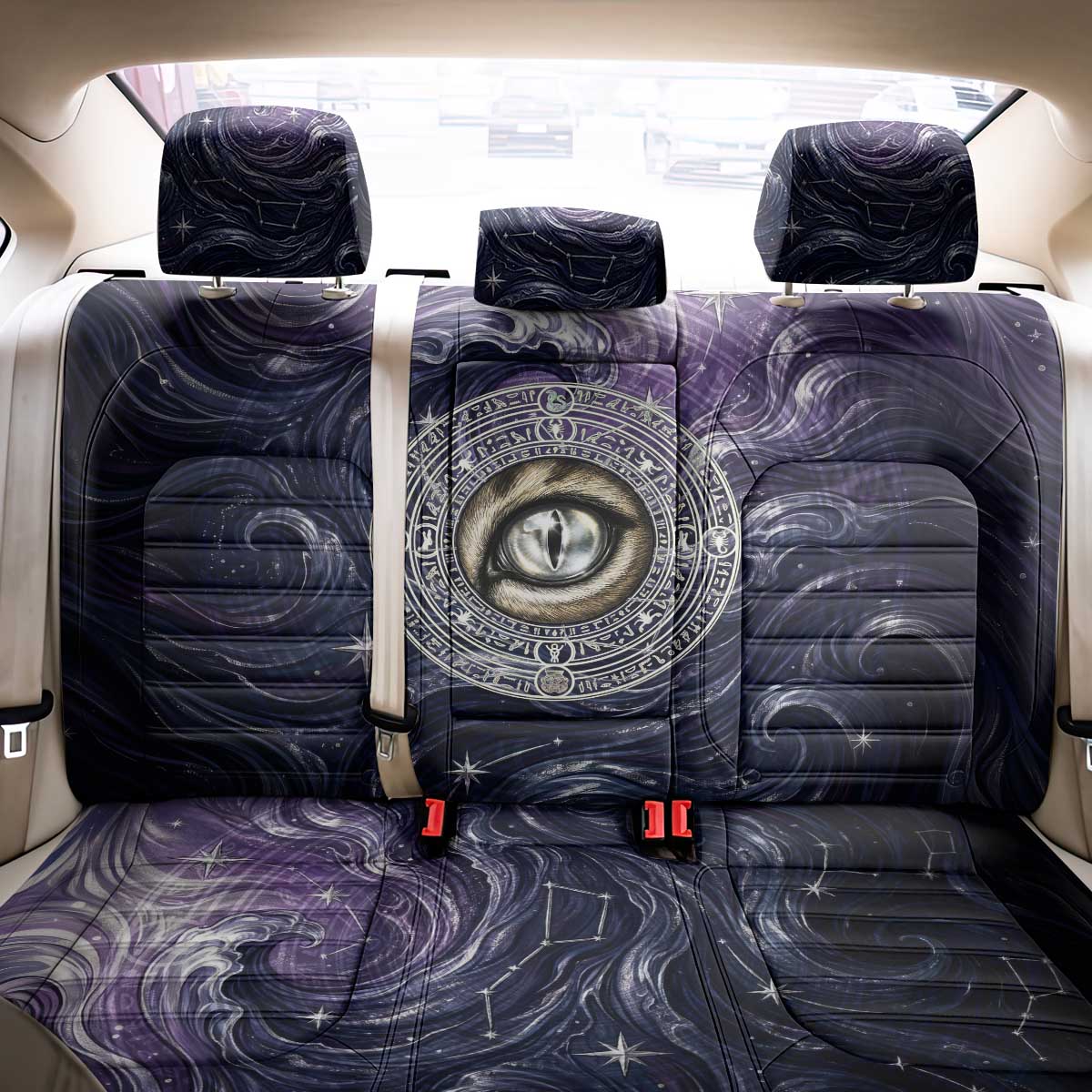 Pakhet Panther Back Car Seat Cover with Cosmic Feline Eye on Starry Night River