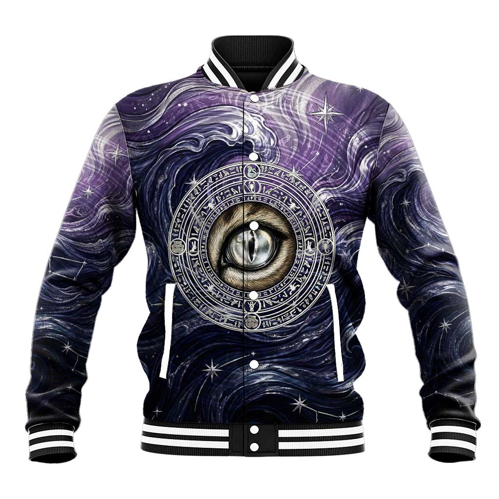 Pakhet Panther Baseball Jacket with Cosmic Feline Eye on Starry Night River