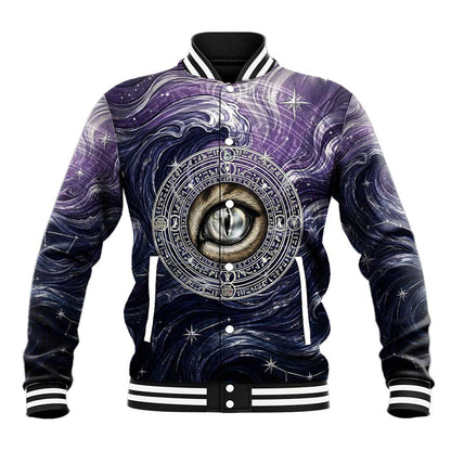 Pakhet Panther Baseball Jacket with Cosmic Feline Eye on Starry Night River