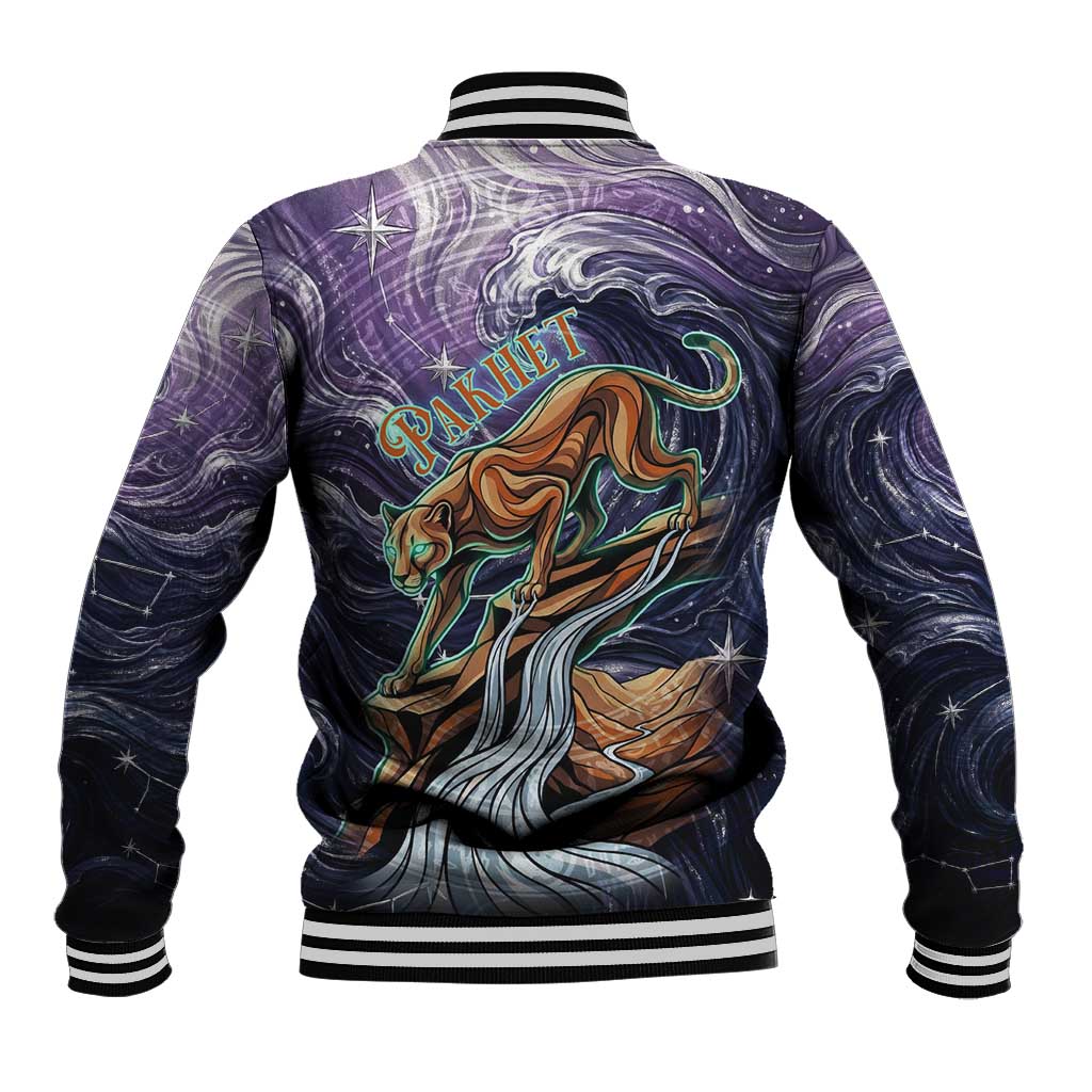 Pakhet Panther Baseball Jacket with Cosmic Feline Eye on Starry Night River