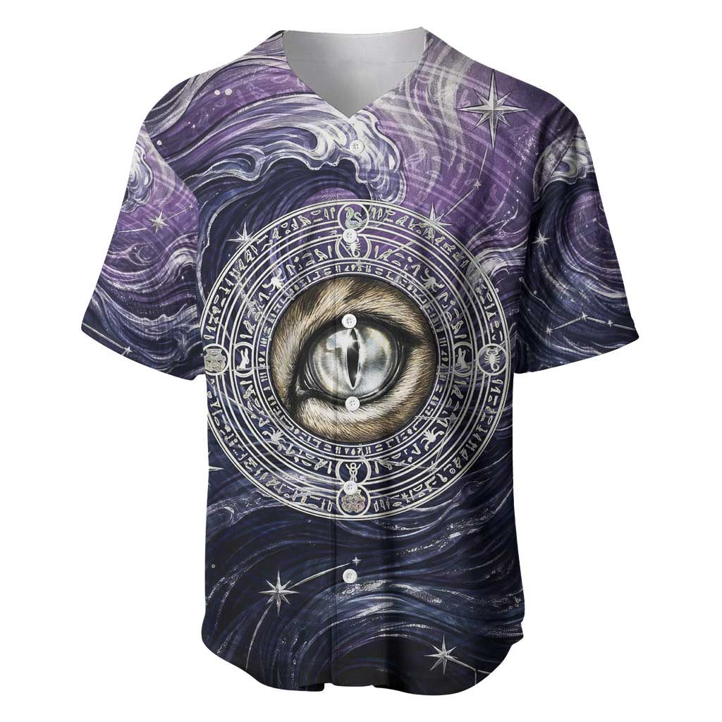 Pakhet Panther Baseball Jersey with Cosmic Feline Eye on Starry Night River