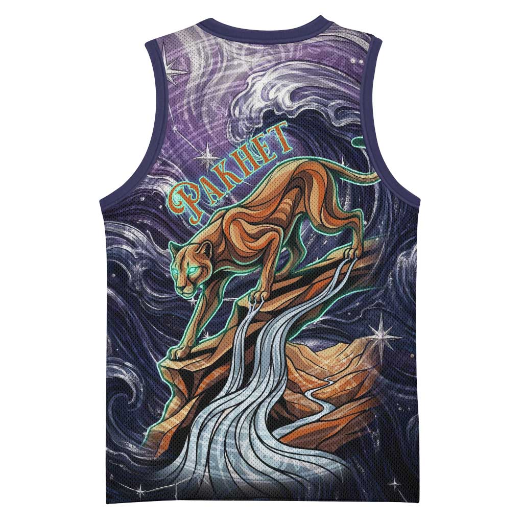 Pakhet Panther Basketball Jersey with Cosmic Feline Eye on Starry Night River