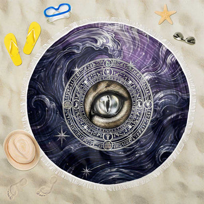 Pakhet Panther Beach Blanket with Cosmic Feline Eye on Starry Night River