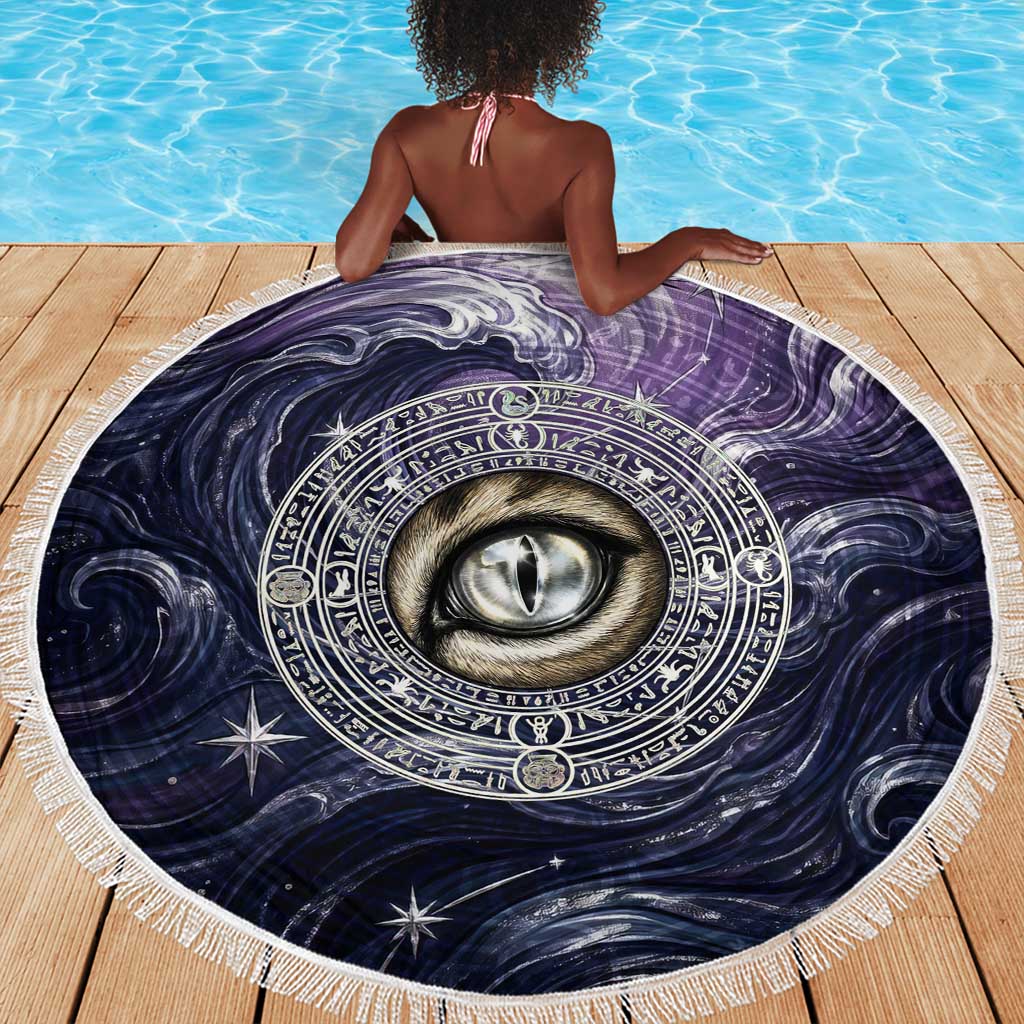 Pakhet Panther Beach Blanket with Cosmic Feline Eye on Starry Night River