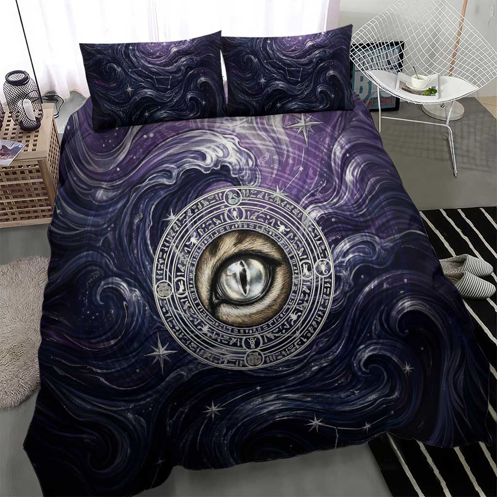 Pakhet Panther Bedding Set with Cosmic Feline Eye on Starry Night River