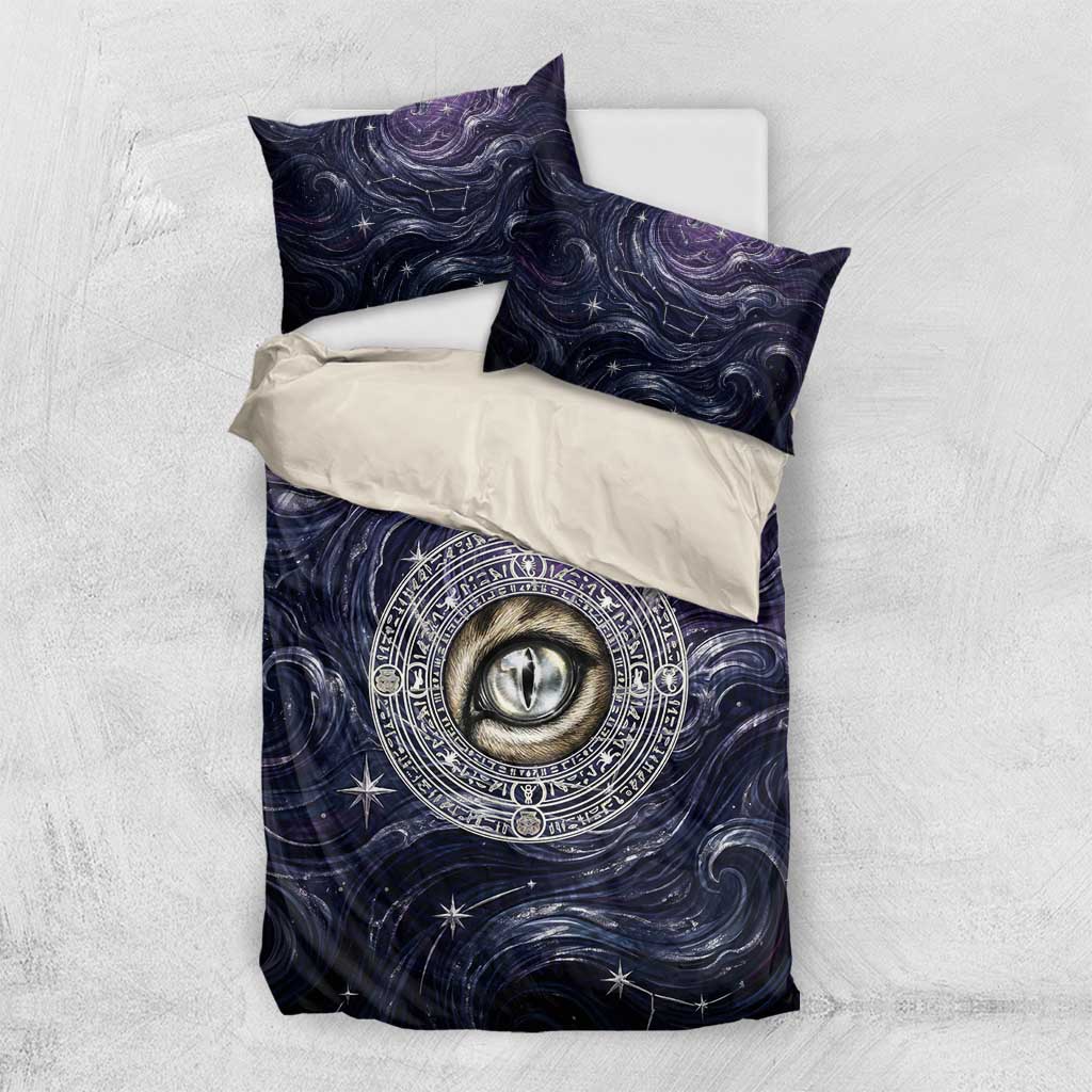 Pakhet Panther Bedding Set with Cosmic Feline Eye on Starry Night River
