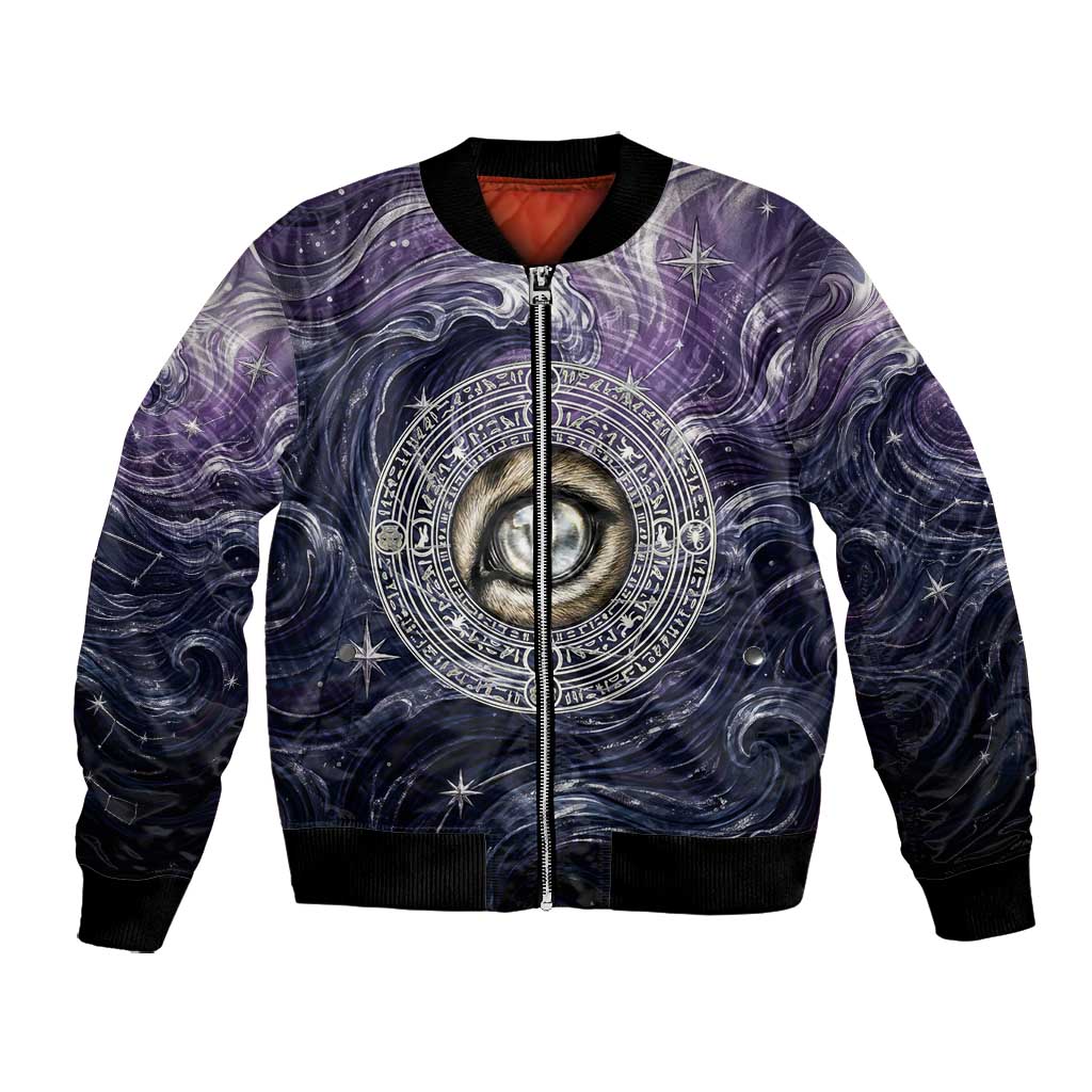 Pakhet Panther Bomber Jacket with Cosmic Feline Eye on Starry Night River