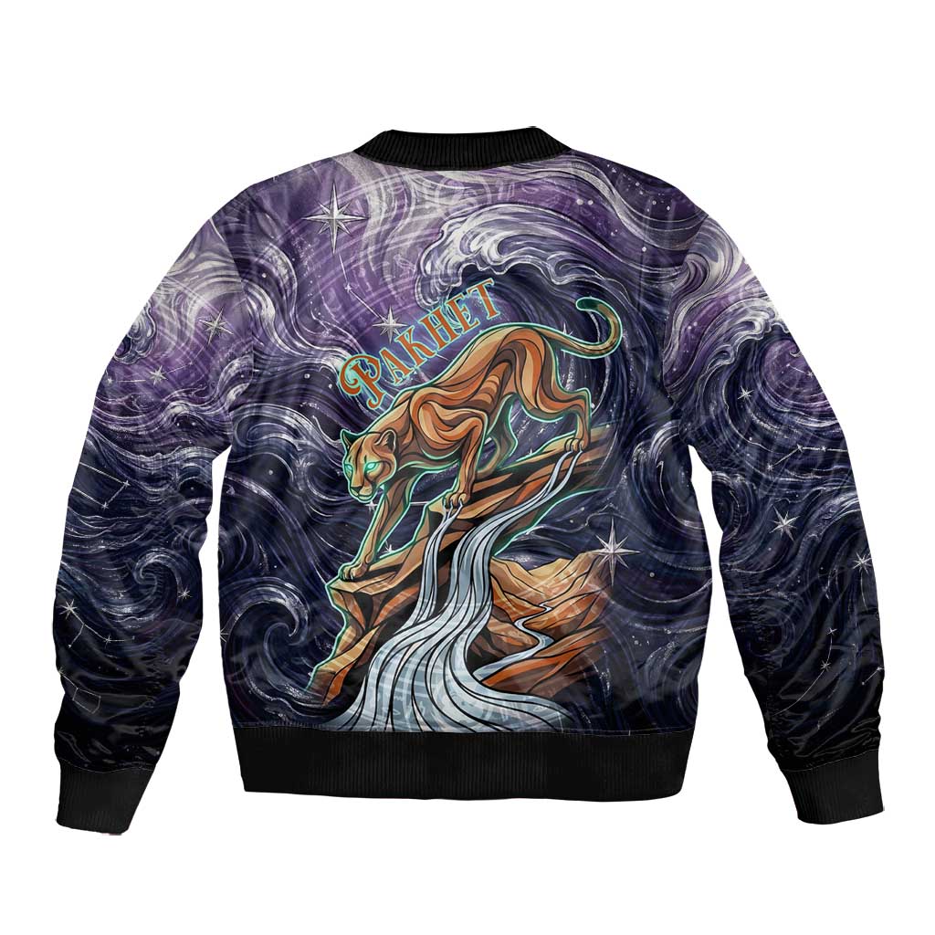 Pakhet Panther Bomber Jacket with Cosmic Feline Eye on Starry Night River