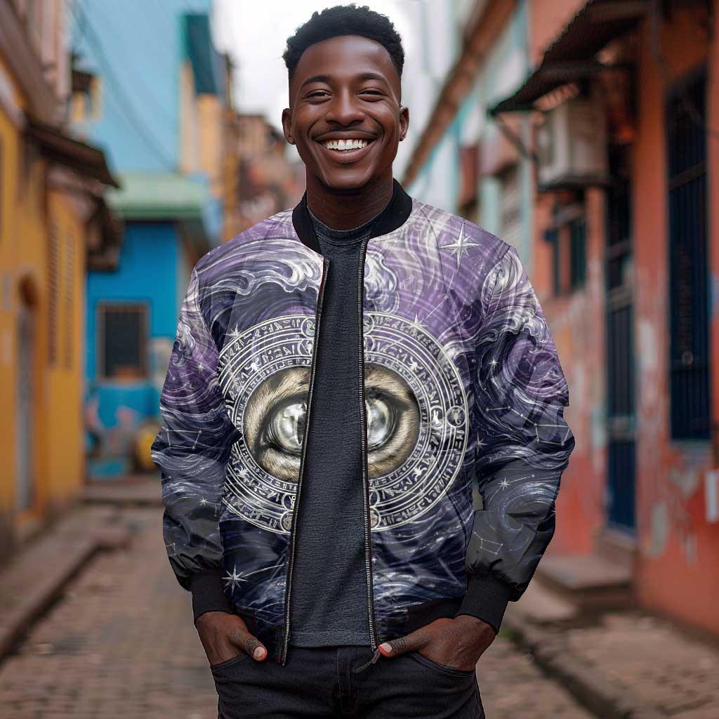 Pakhet Panther Bomber Jacket with Cosmic Feline Eye on Starry Night River