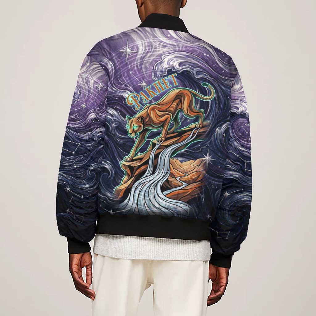 Pakhet Panther Bomber Jacket with Cosmic Feline Eye on Starry Night River