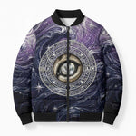 Pakhet Panther Bomber Puffer Jacket with Cosmic Feline Eye on Starry Night River