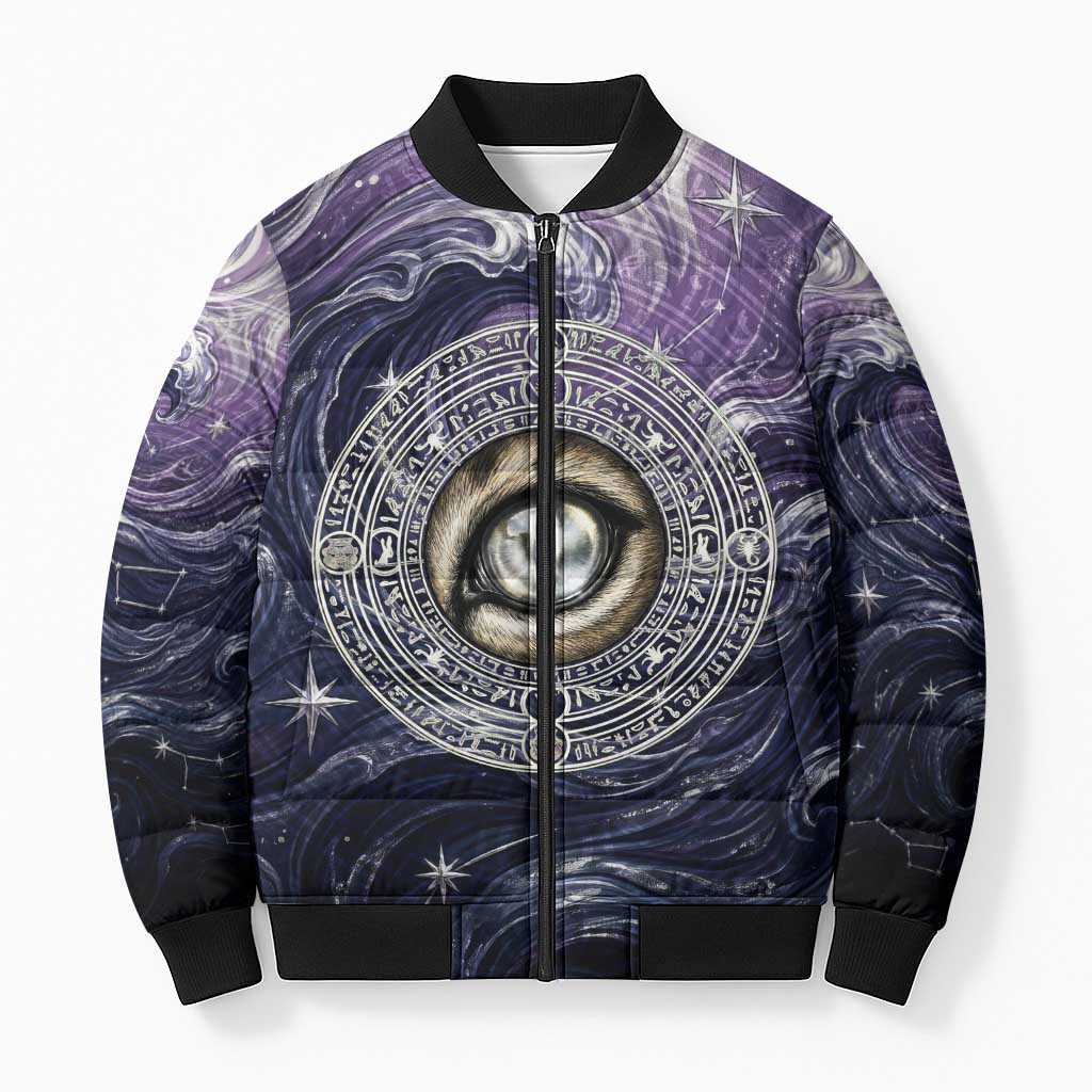 Pakhet Panther Bomber Puffer Jacket with Cosmic Feline Eye on Starry Night River