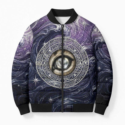 Pakhet Panther Bomber Puffer Jacket with Cosmic Feline Eye on Starry Night River