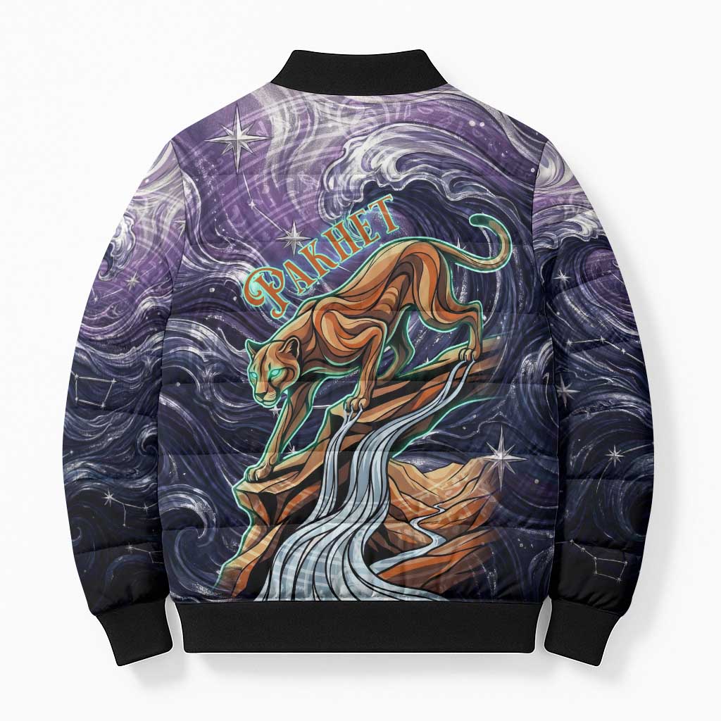 Pakhet Panther Bomber Puffer Jacket with Cosmic Feline Eye on Starry Night River