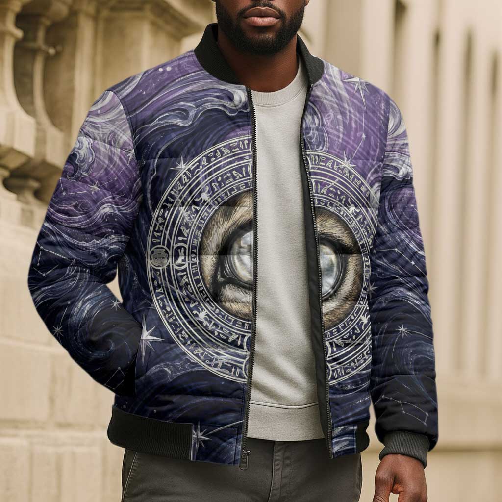 Pakhet Panther Bomber Puffer Jacket with Cosmic Feline Eye on Starry Night River