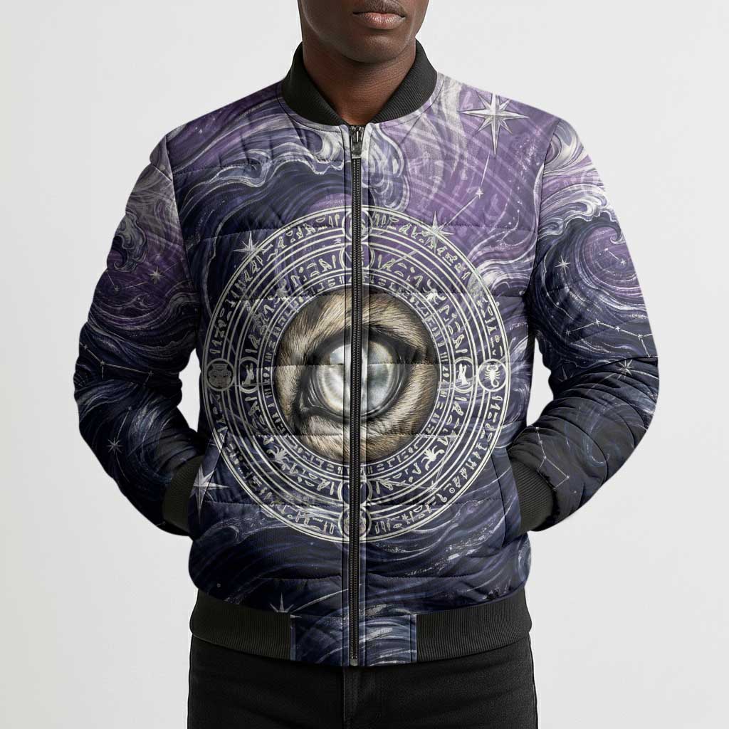 Pakhet Panther Bomber Puffer Jacket with Cosmic Feline Eye on Starry Night River